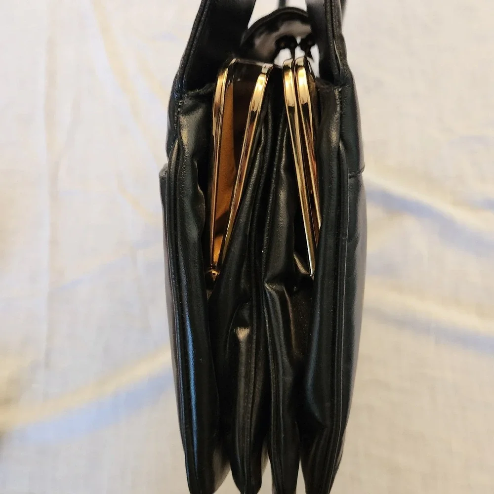 Vintage Lou Taylor Black Leather Shoulder Bag 1970s Designer Purse,Signed Mirror